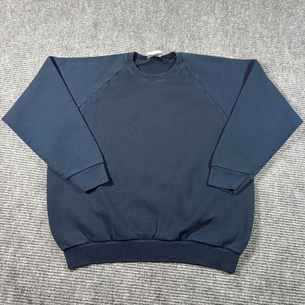 Vintage Fruit of the Loom Mens XL Navy Blue Raglan Crewneck Sweatshirt 90s Blank